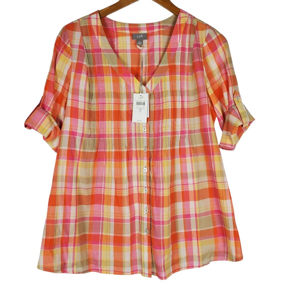 NEW J Jill Plaid Top Size Petite Small Roll Tab Sleeve Cotton Lightweight Button